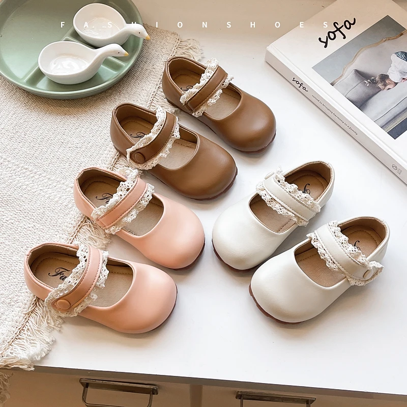 Baby Girls Leather Shoes for Party Wedding Soft Toddlers Kids Mary Janes with Lace Princess Sweet Children Flats Spring New
