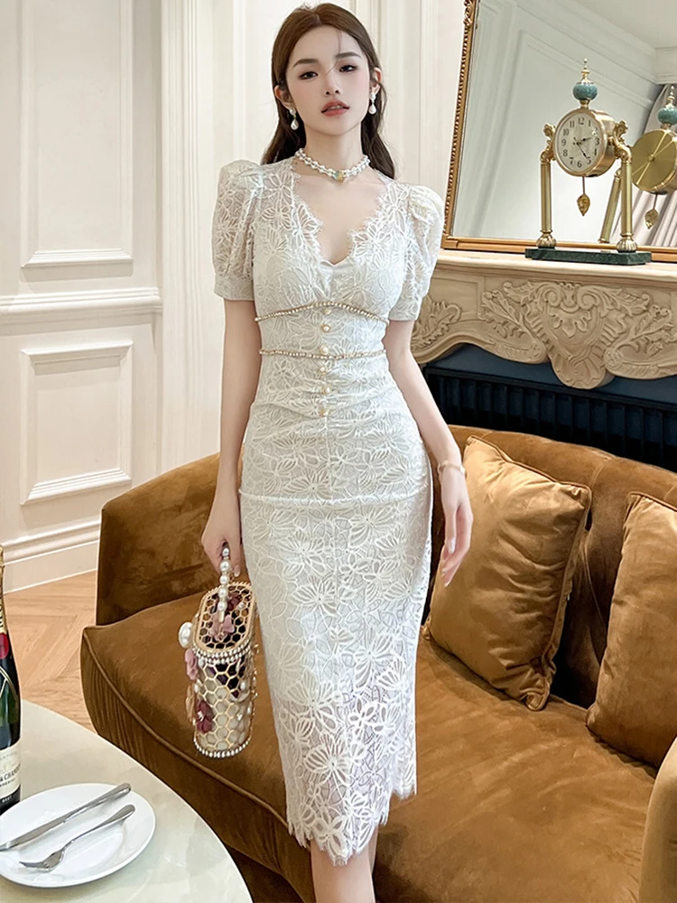 New Women's Korean Sweet Perspective Lace Dress Diamonds