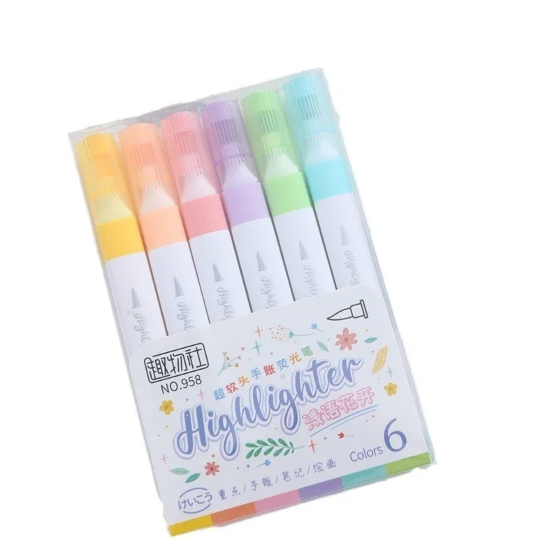 6 Colors Pastel Highlighter Marker Pen Set Brush Fluorescent Markers Art Marker Japanese Cute Kawaii Stationery