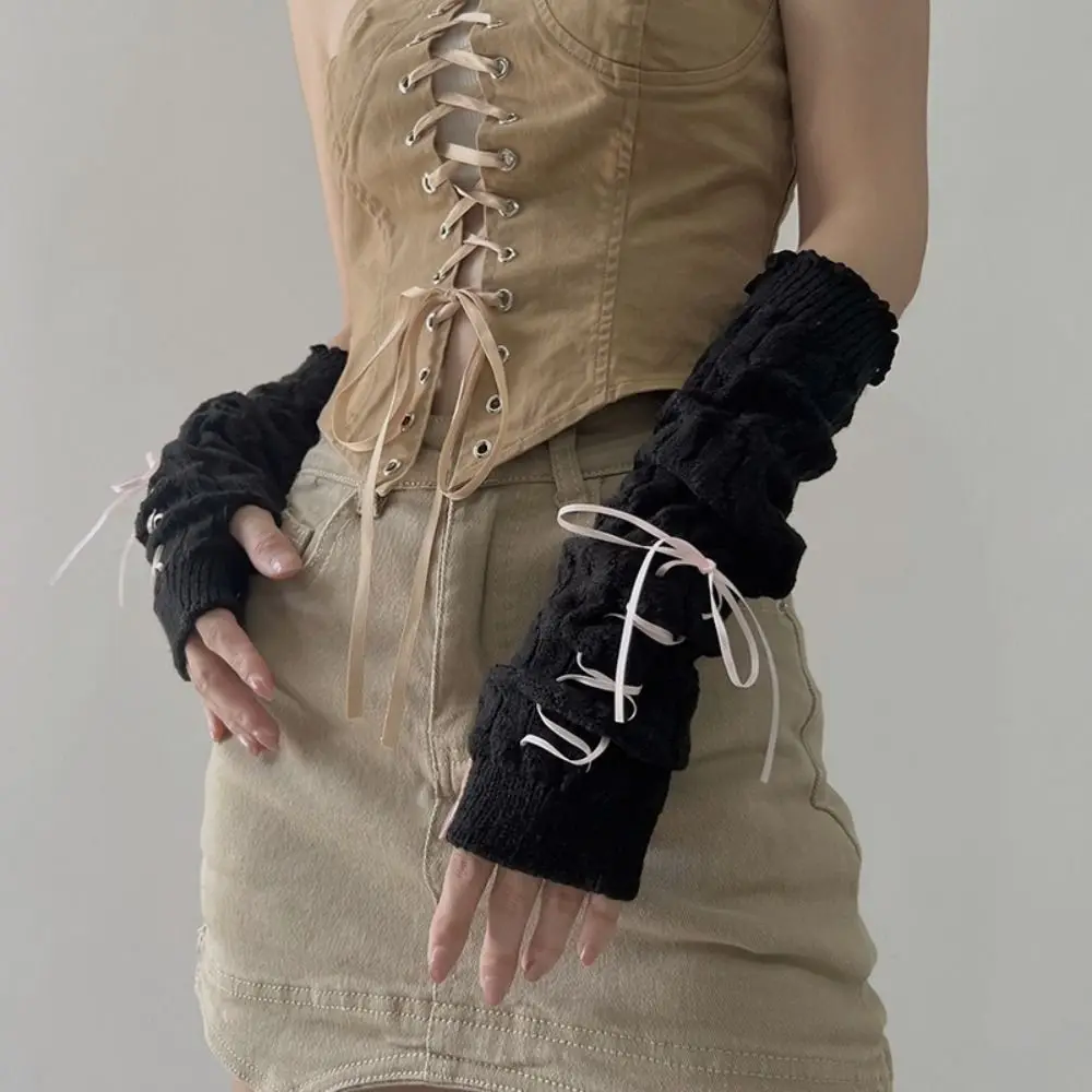 Fingerless Long Wrist Gloves Arm Warmers Black White Knitted Gloves Finger Sleeves Cover False Sleeves Elbow Mittens