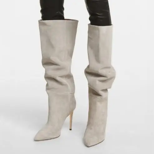 

Hot Woman Light Grey Khaki Apricot Suede Pleased Pile Up Knee High Boots Female Pointed Toe Thin Heels Tube Slip On Long Boots