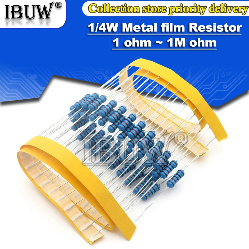 Resistor do filme do metal, resistência do ohm de 1R 22M 1% 100R 220R 1K 1,5 K 2,2 K 4,7 K 10K 22K 47K 100K 220 1K5 2K2 4K7, 100 PCes pelo lote