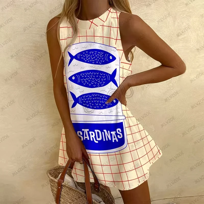 Women’s Sleeveless O-Neck Dress Cute Sardines Fish Graphic Print Summer Short Ca