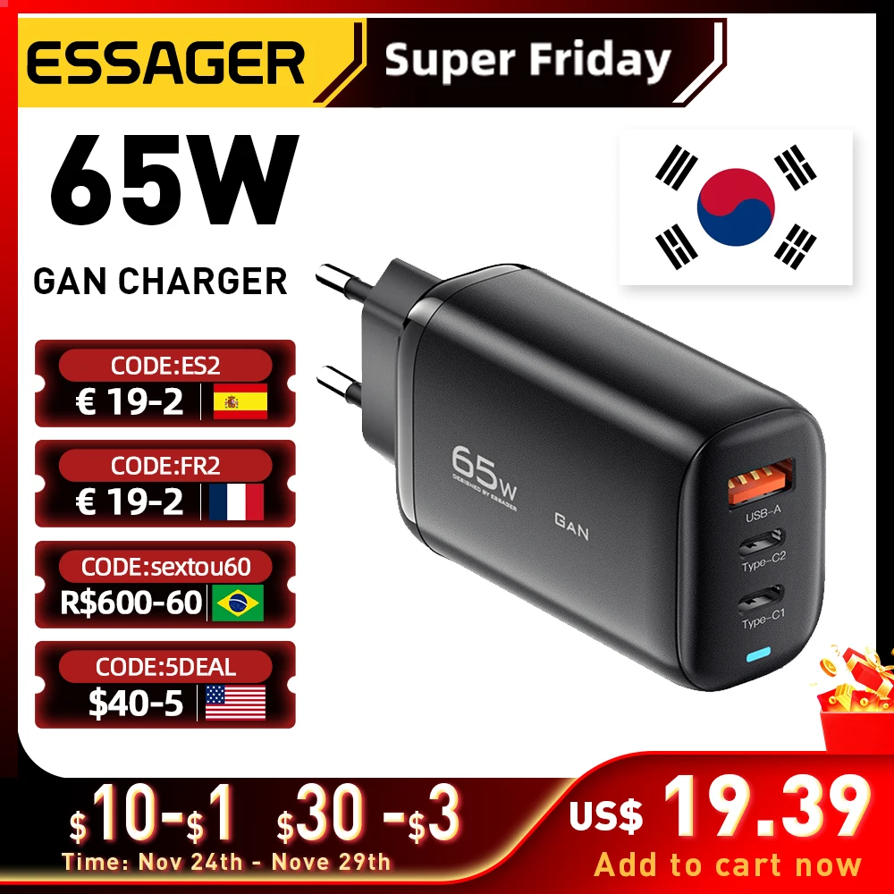 Essager 65w Korea Plug Usb C Gan Charger For Laptop Type C Pd Fast