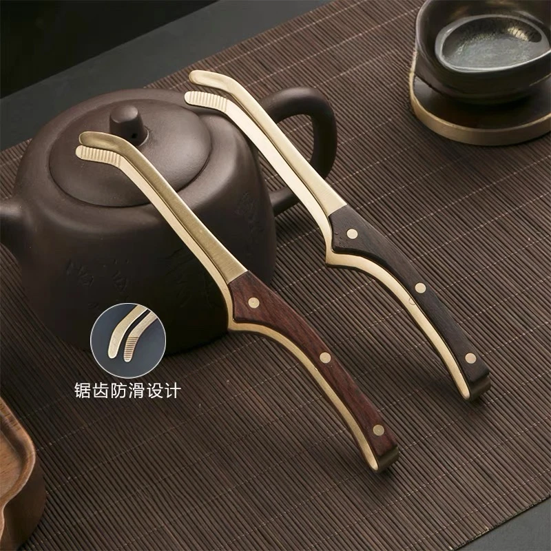 17cm Anti-hot Wood Copper Tea Clip Non-Slip Tea Set Tweezers Ceremony Accessories Household Supplies Wooden Tongs