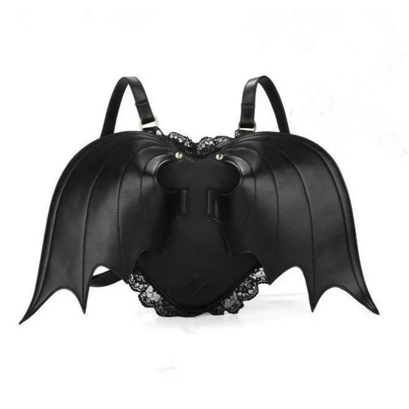 

Черный рюкзак Y2K в стиле Харадзюку, Готическая Лолита, в форме сердца, кружевной, с крыльями дьявола, летучая мышь, уличный винтажный рюкзак, школьная сумка для студентов
