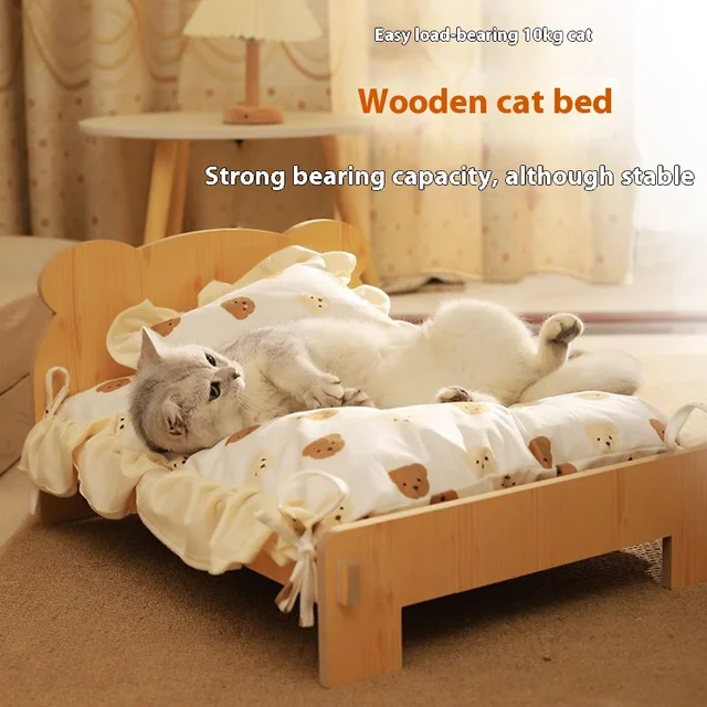 Solid Wood Cat Bed Summer Puppy Bed Removable Mat Washable All Season Universal Cat Nest Dog House Pet Supplies 3
