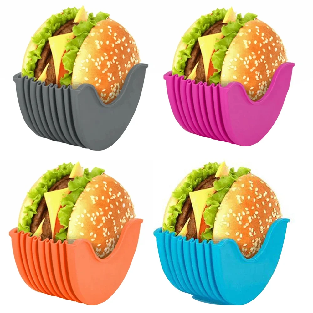 Silicone Burger Holders Reusable Sandwiches Holder Box Beef Press Patty Mold Hamburger Bun Shell Kitchen Tool BPA-Free Dishwash