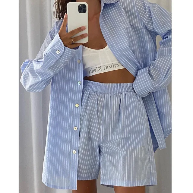 Loung Wear Women's Home Clothes Stripe Long Sleeve Shirt Tops and Loose High Waisted Mini Shorts Two Piece Set Pajamas Blue