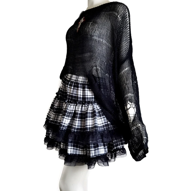 Women Gothic High Waist Mini Pleated Skirt Harajuku Vintage Plaid Print Tiered Ruffled Lace Trim Flare A-Line Streetwear 10CF