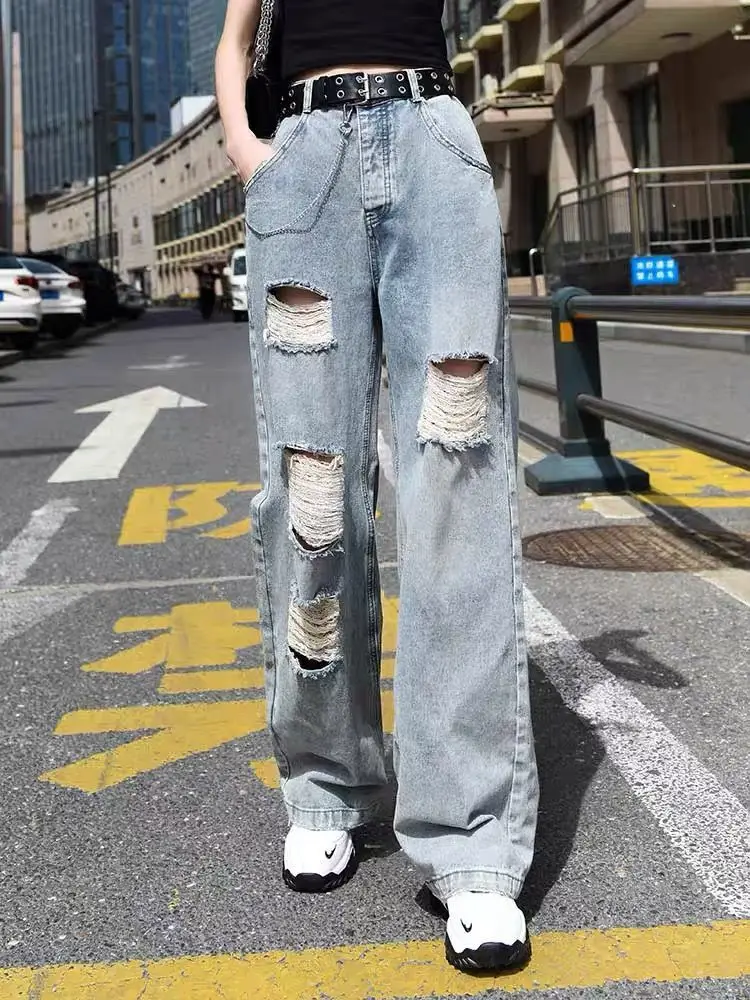 White Jeans Woman High Waist 2022 Korea Fashion Loose Thin Vintage Bf Style Straight Casual Cotton Denim Ripped Harem Pants paige jeans