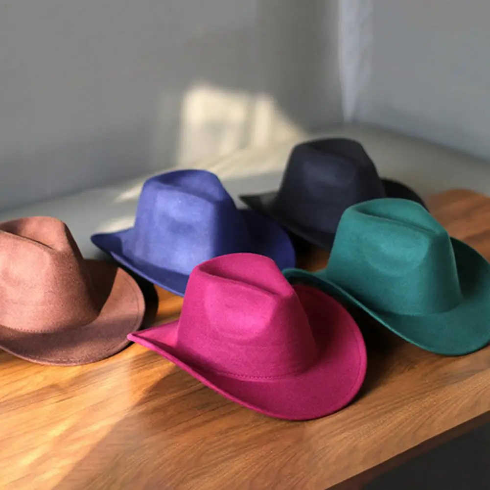 

Outdoor Cowboy Hat Solid Color Wild Unisex Anti-pilling Comfortable Costume Party Accessories Felt Roll Up Brim Cowgirl Hat