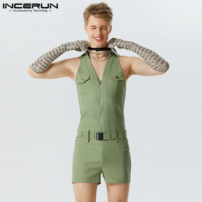 Fashion Casual Style Men Hommwear Bodysuits Tight V-neck Zipper Rompers INCERUN Solid Flat Angle Sleeveless Lapel Jumpsuit S-5XL