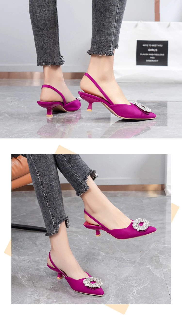 2022 New Women's Shoes Pointed Toe Shallow Nude Pink Diamond Shoes Low Heel Back Strappy Shoes Women