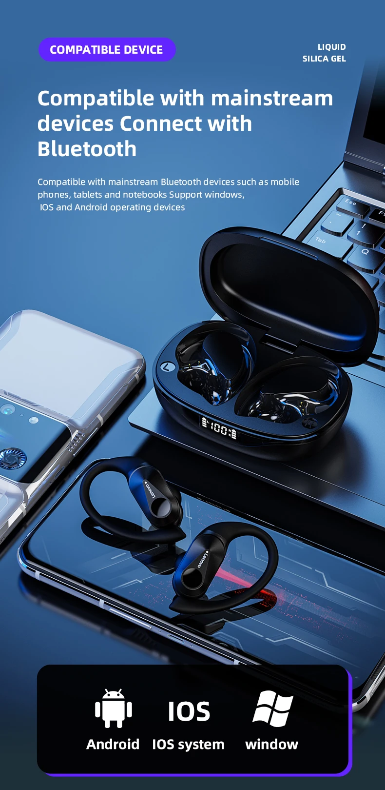 Lenovo-LP75 Wireless Sports Bluetooth Headphones, Earhook Noise