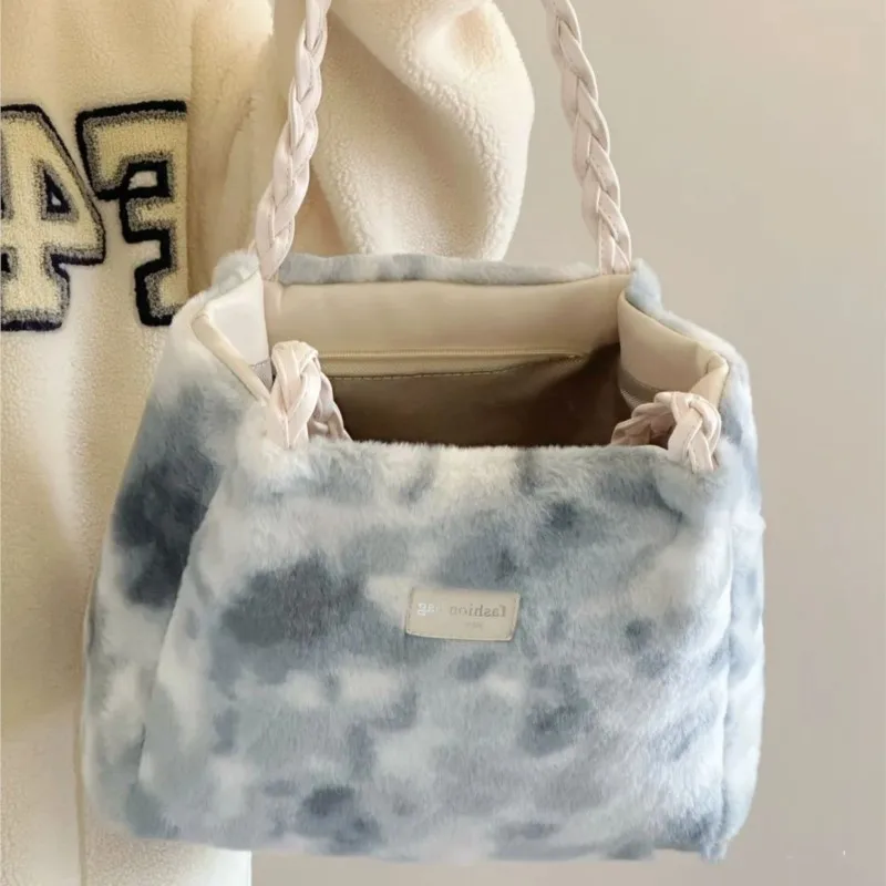 JIAERDI Plush Tie Dye Tote Bag Women Woven Handle Large Capacity Shoulder Underarm Bags Ladies Soft Comfortable Casual Handbag
