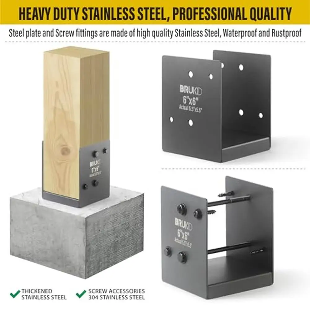 Stainless Steel Post Base Bracket 6x6 Actual 5.5x5.5" Deck Railing Fence Anchor Concrete Support Wood Post Connection Two-Way