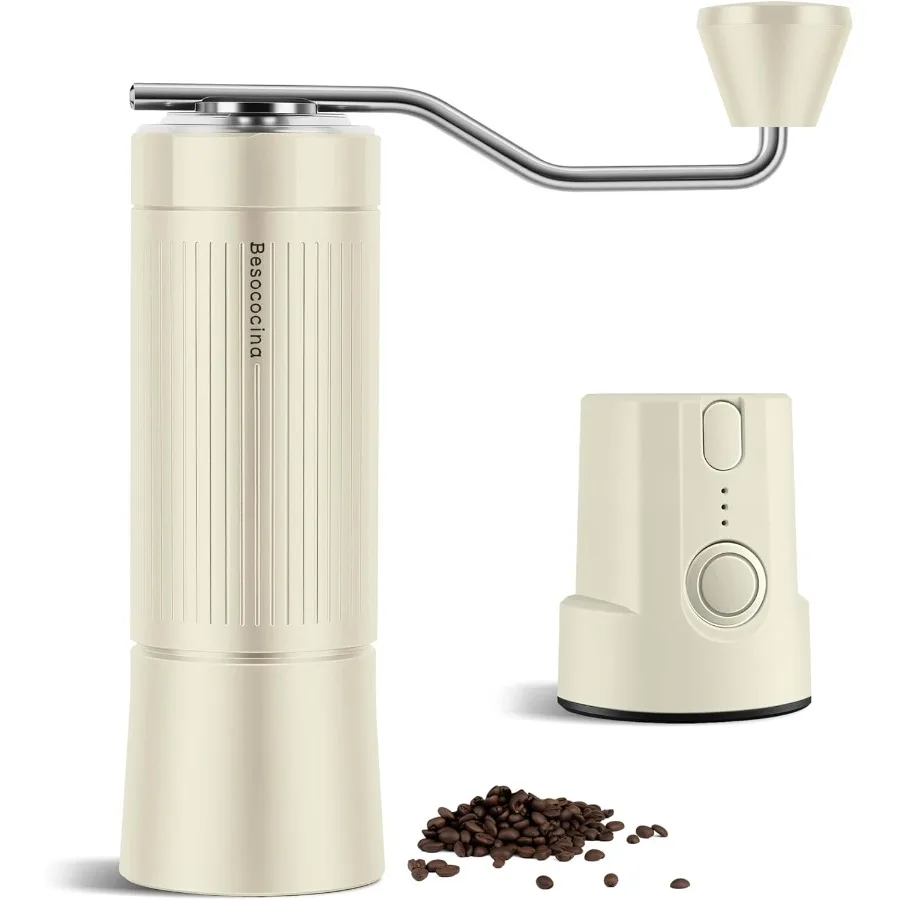 2-in-1 Manual and Electric Coffee Grinder for Home Use and Portable Travel Conical Burr Design with Detachable Grinding Chamber