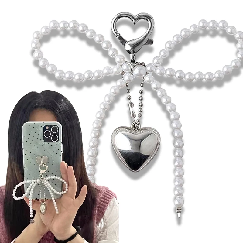 Korean-Inspired Cute Bow & Pearl Charm with Y2K Heart Pendant - Versatile Accessory for Phones, Bags, and Keychains