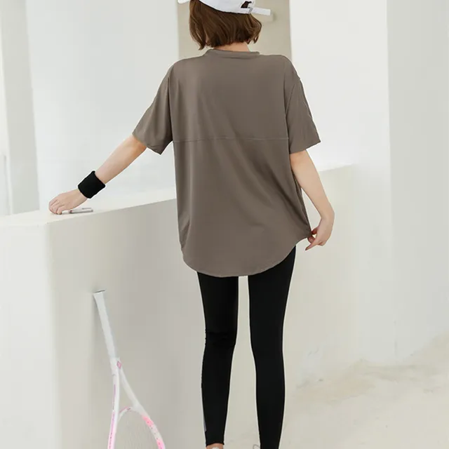 ملابس اليوغا فضفاضة سريعة الجافة المرأة الصالة الرياضية اللياقة البدنية اليوغا تي شيرت لون نقي متوسطة طويلة الرياضة قصيرة الأكمام قمصان ناعمة فضفاضة 2