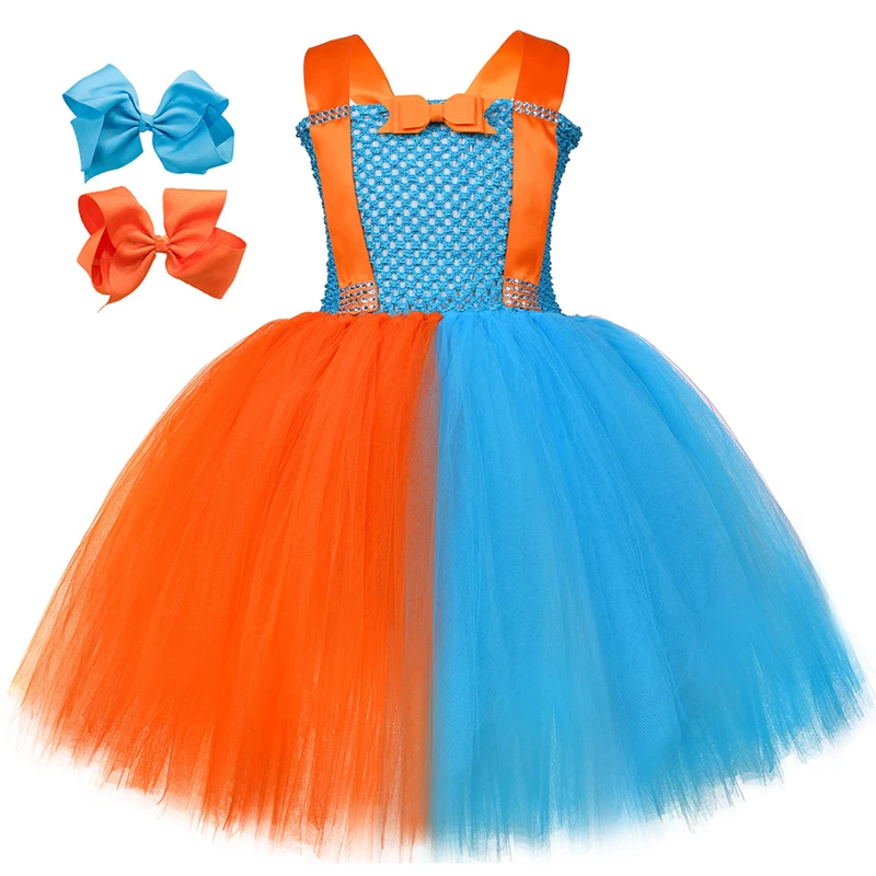 thumbnail image 1 of Disfraz de Blippi para niñas pequeñas, dibujos animados en inglés, conjunto de ropa con tutú naranja y azul cielo, sombrero, gafas y tirantes, 1 of 5