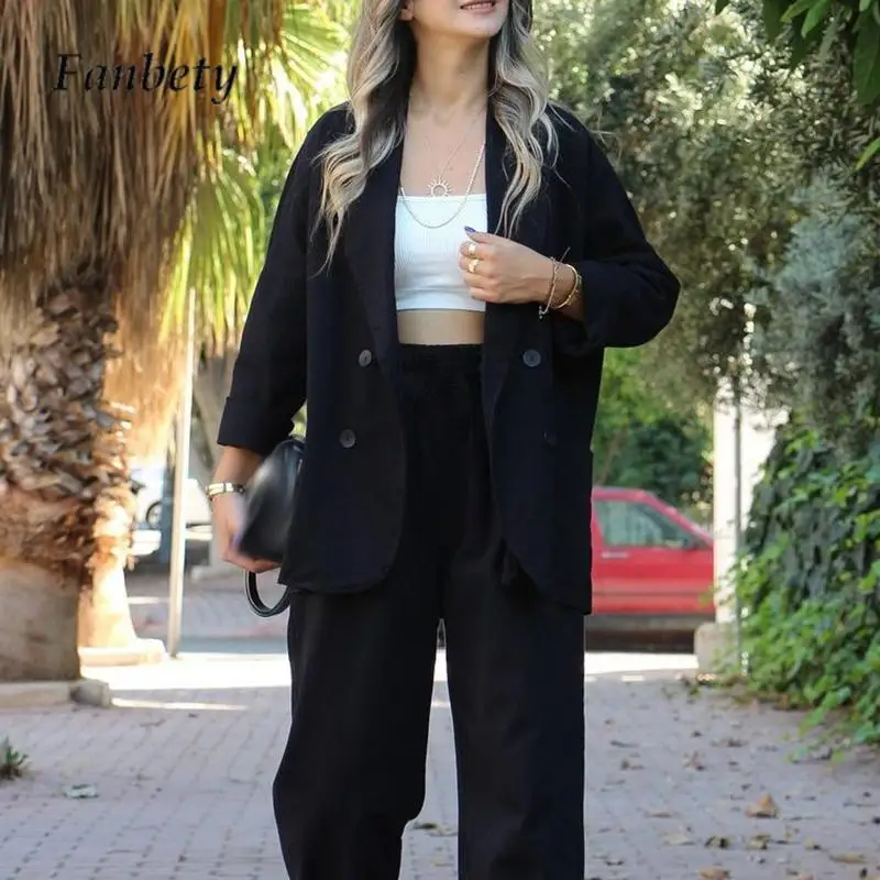 

Autumn Solid Color Office Lady Set Casual Lapel Double-breasted Blazer Cardigan Set Fashion High Waist Wide Leg Pants Women Sets