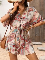 Women's Bohemian holiday style geometric print V-neck wide-leg trousers hidden meat non-bloated jumpsuit - Image 6