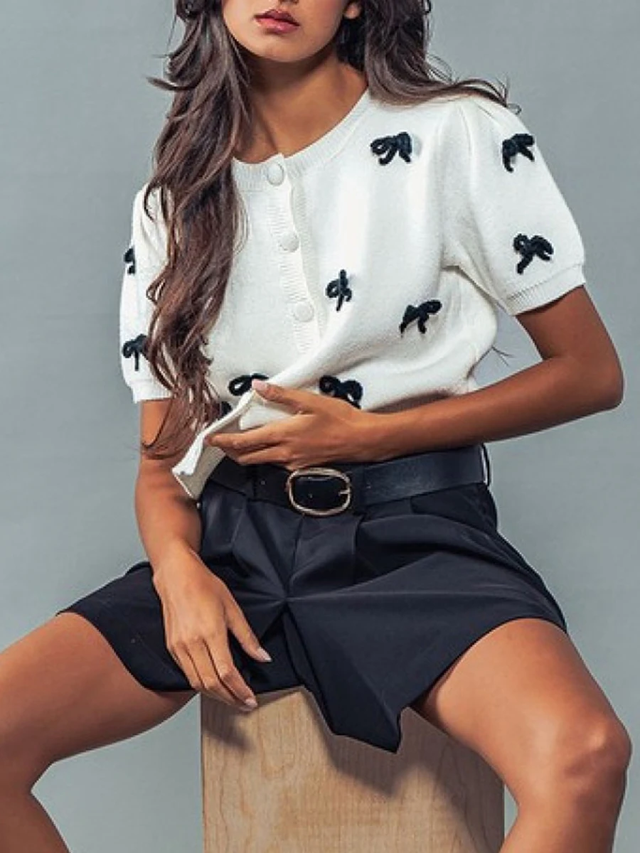 Ladies Fall Sweater Jacket with Half Sleeves Round Neckline Button Closure and 3D Bow Detail Knit Cardigan