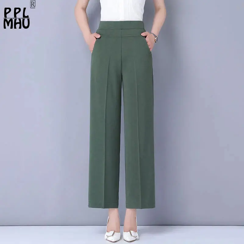 

Summer Thin Silk Wide Leg Pants Women Classical High Waisted Stretch Baggy Pantalones Mom Ankle Length Casual Straight Trousers