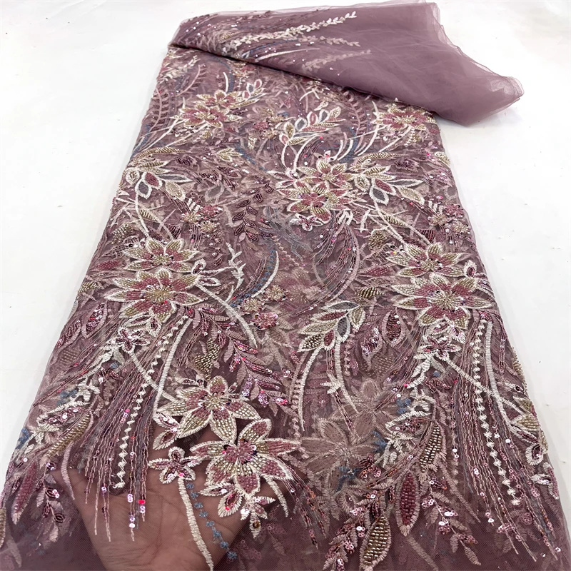 5 Yards African Luxury Bead Tube Embroidered Fabric 2023 High Quality French Sequin Lace Tulle Fabric For Dress Sewing high quality sequin african lace fabric embroidered 5 yards flower lace fabric sewing diy trim applique ribbon dress guipure