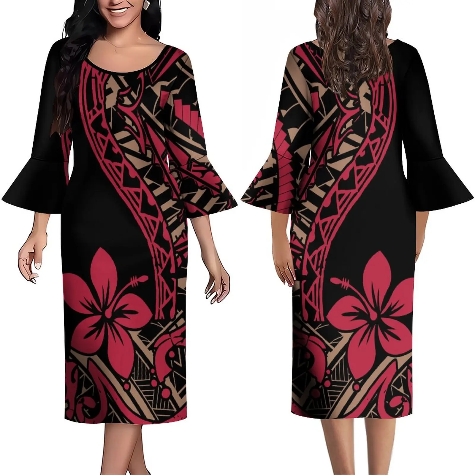 

New Custom Ladies Elegant Ruffled Cuff Dress Designed For Summer Long Sleeve Polynesian Tribe Slim Party Evening Dress