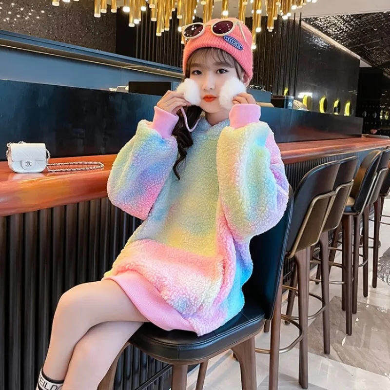 

Rainbow Kids Sweatshirt For Girls Winter Thick Warm Elegant Long Sweatshirts Hooded Teenager Outerwear 4 5 6 7 8 9 10 11 Years