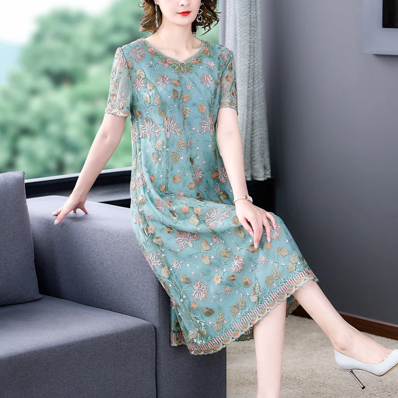 

High 2023 Street Vintage GreenFloral Embroidery Midi Spring Autumn Casual Beach Dress Women Elegant Bodycon Party Vestidos