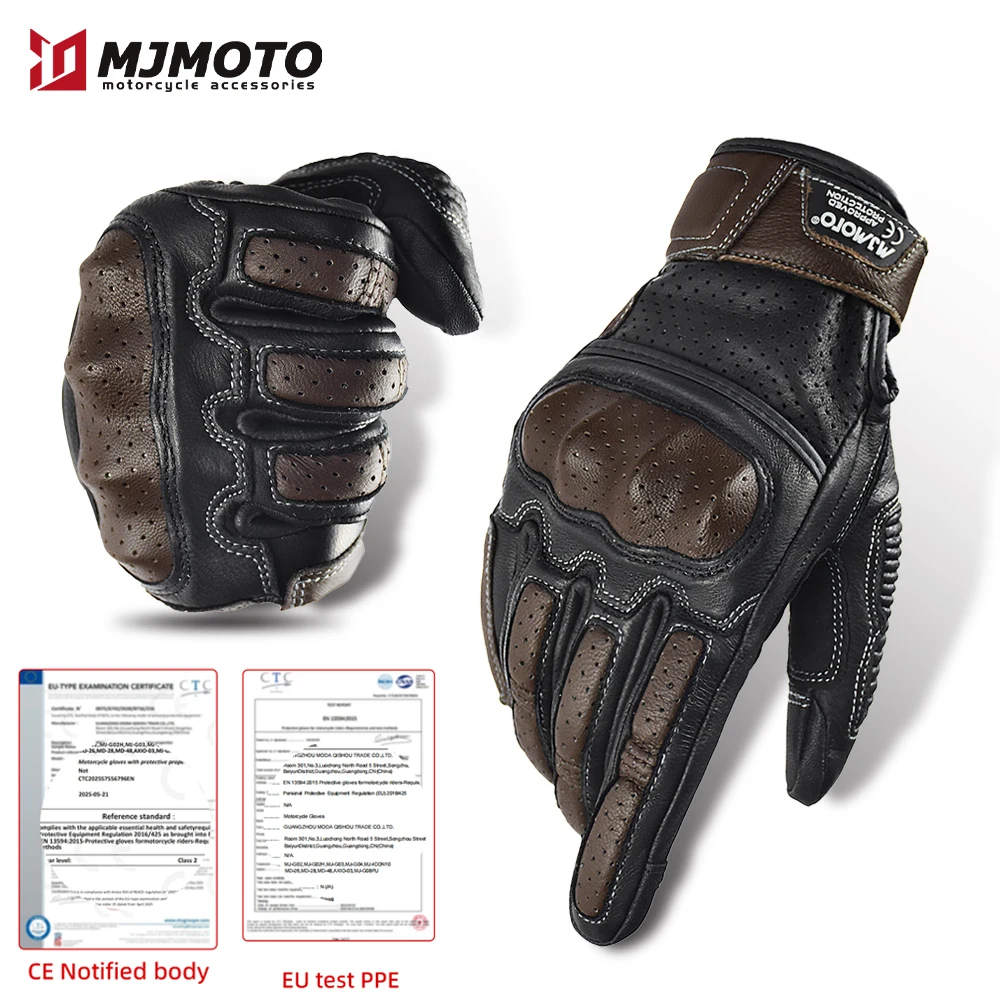 Vintage Brown Leather Touchscreen Motorcycle Gloves for Men - CE Certified Riding Gloves