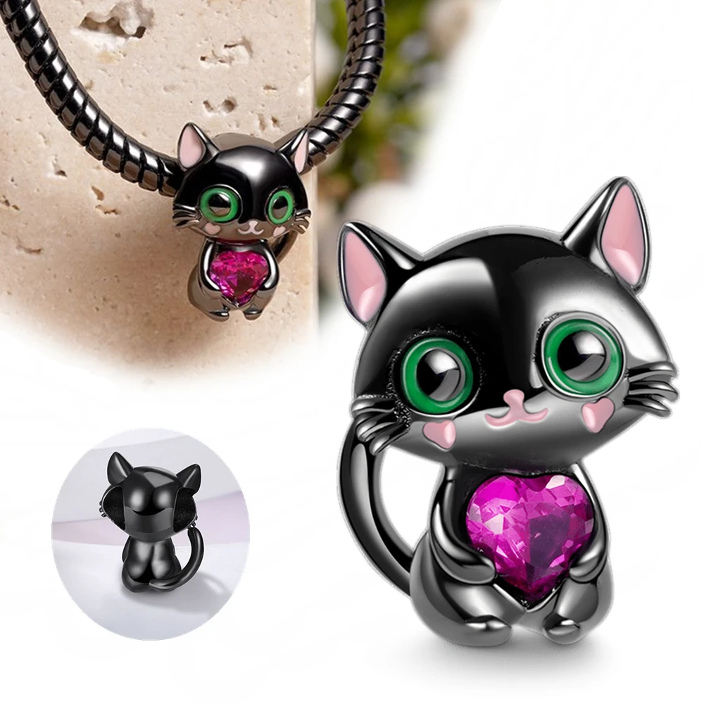 Pet Cat Charm Sparkling Dangle Charm Silver Plated Fit Pandora Charms Silver 925 Original Bracelet for Jewelry Making