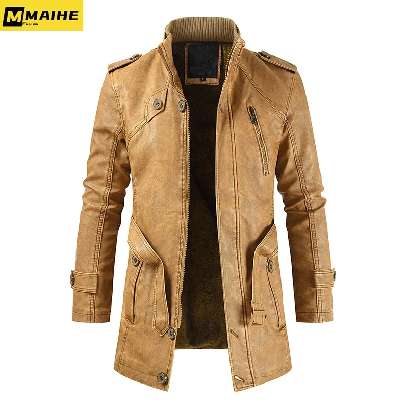 

Winter Vintage Men's PU Long Coat, M-4XL Motorcycle Faux Leather Long Jacket Black Yellow Brown Green Windbreaker