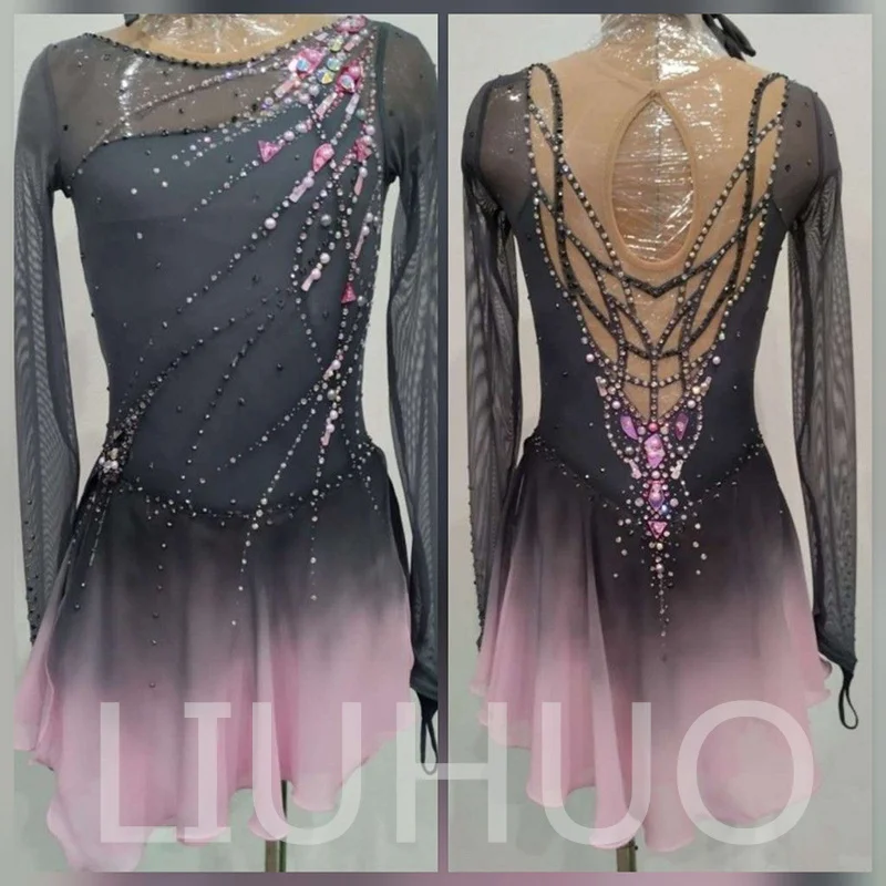 

LIUHUO Ice Figure Skating Dress Girls Women Teens Stretchy Spandex Gradient Competition Wholesale Gray-Pink