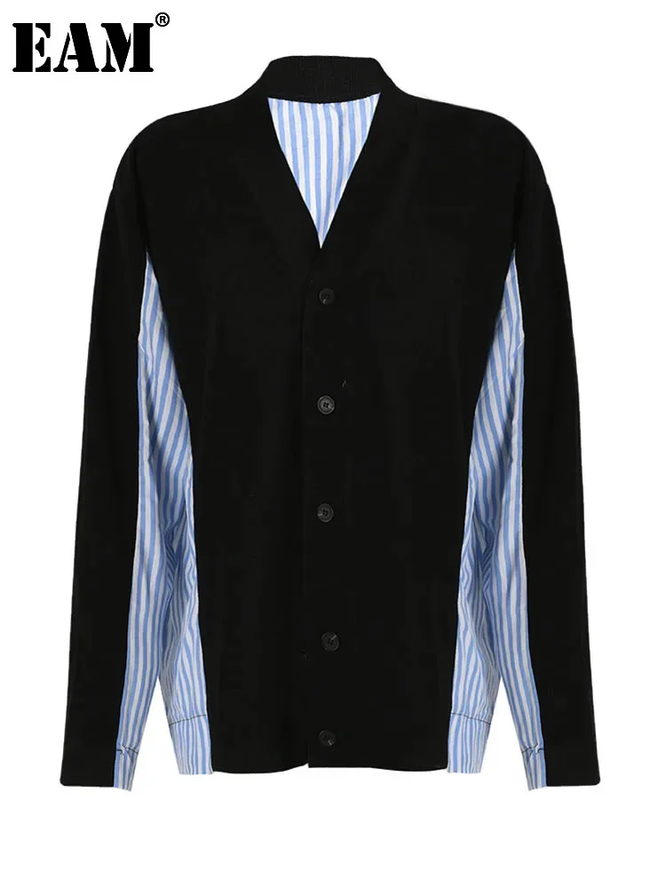 

[EAM] Striped Big Size Knitting Cardigan Sweater Loose Fit V-Neck Long Sleeve Women New Fashion Tide Autumn Winter 2024 1DF3049