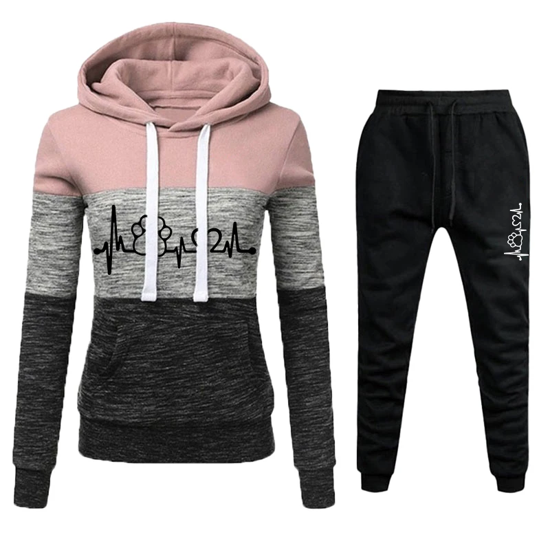 Autumn and winter women's long sleeved pullover hooded sweatpants two-piece set with three color patchwork striped hooded set