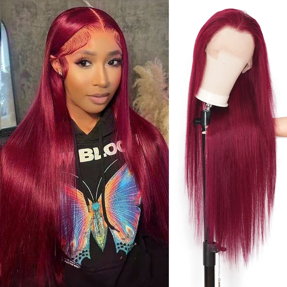 99J Colored Straight Lace Front Human Hair Wigs Straight Burgundy 13x6 Transparent Lace Frontal Wig Red Wine Wig For Women Pre P