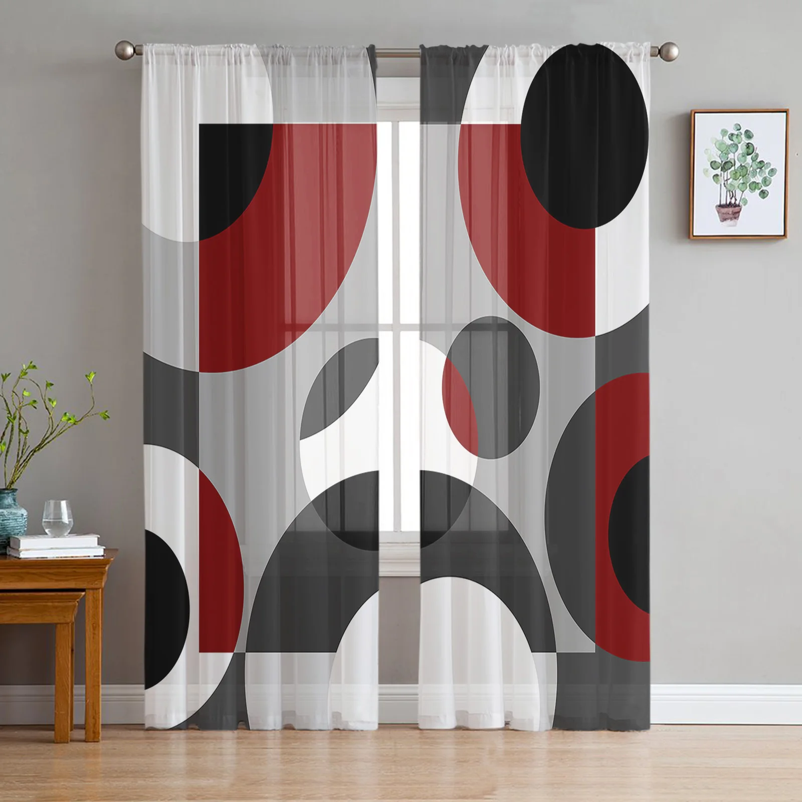 

Geometric Figures Dark Red Grey Sheer Curtains for Living Room Bedroom Home Decor Kitchen Tulle for Windows Voile Drapes
