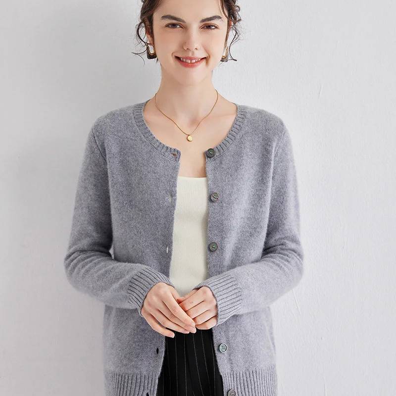 Cashmere cardigan women'sO-neck solid color long-sleeved cashmere coat is slim and versatile knitted sweater. 3