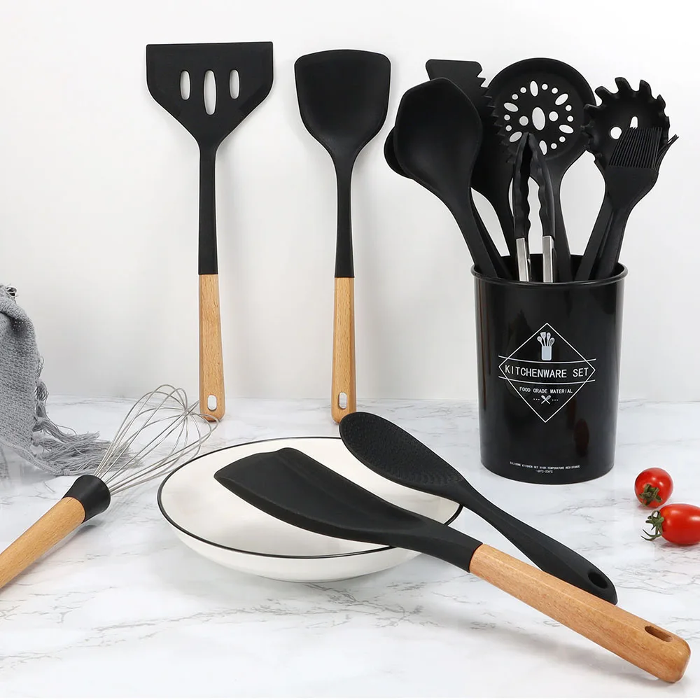 Black Food Grade 1Pcs Silicone Kitchen Utensils Set Non-Stick Cookware Wooden Handle Spatula Egg Beaters Kitchen Accessories kitchen utensils