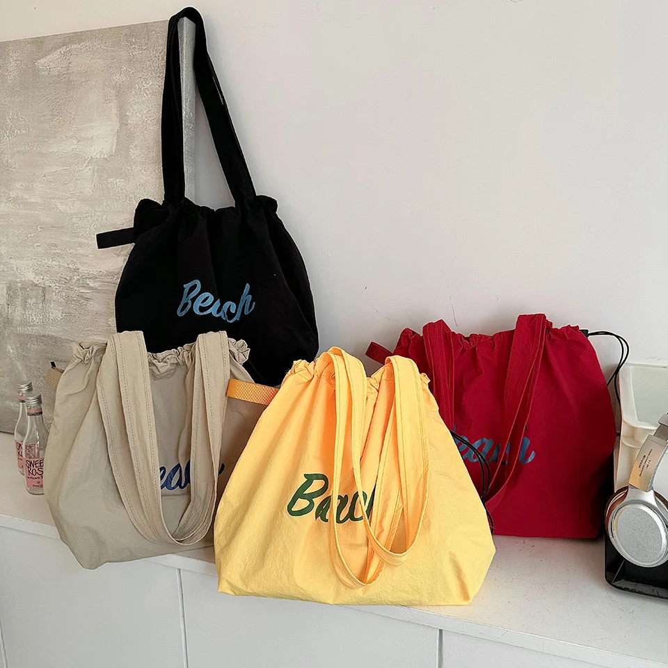 Women's String Tote Bag Fashion Canvas Totes Letters Portable Shoulder Bag Casual Beach Bag Large Capacity Shopping Handbag - 6