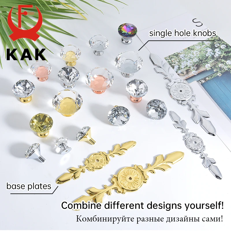 KAK Gold Diamond Crystal Glass Cabinet Knobs and Handles Cupboard Door Pulls Zinc Alloy Kitchen Handle Furniture Door Hardware