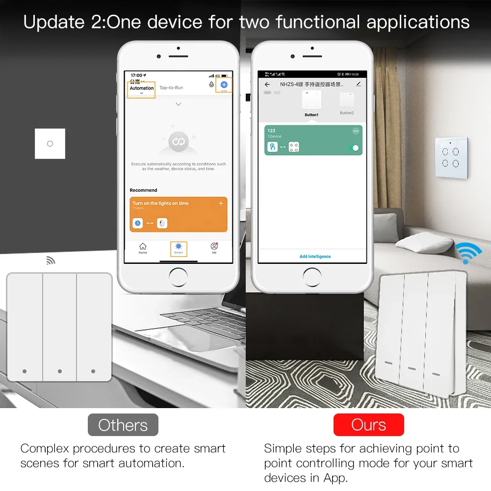 Moes Scene Switch Push Button Battery Powered Transmitter Smart Home Assistant App Automation 1/2/3 Gang Tuya ZigBee