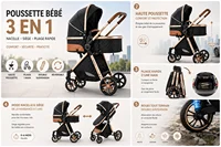 Landau, poussette et poussette 3 en 1 de luxe avec nacelle amovible, roues lisses et inclinaison multi-angles 2