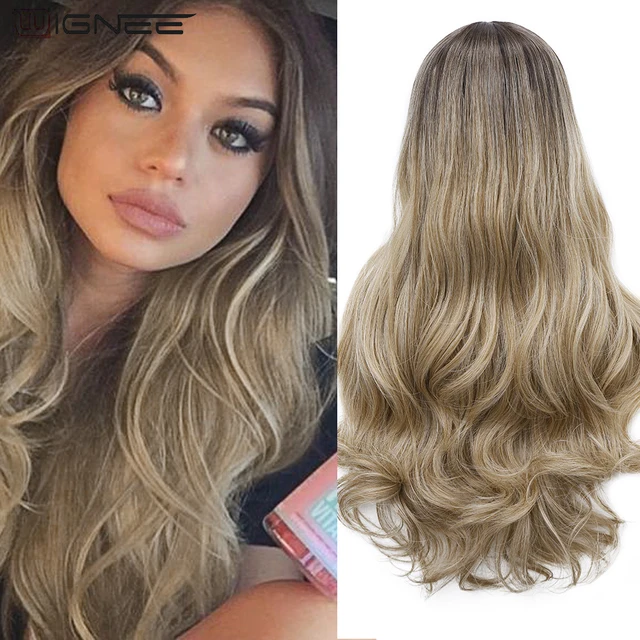 WIGNEE Bluish Light Blue Wig Synthetic Ombre Long Wavy Body Wave Side Part Heat Resistant Natural Hair Wigs For Women Cosplay 1b Brown