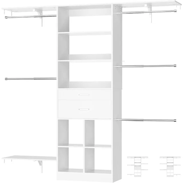 Small Closet System – 5FT Closet Organizer System with Wooden Drawers, 60 Inches Walk In Closet System With 5 Hanging Rods, Can