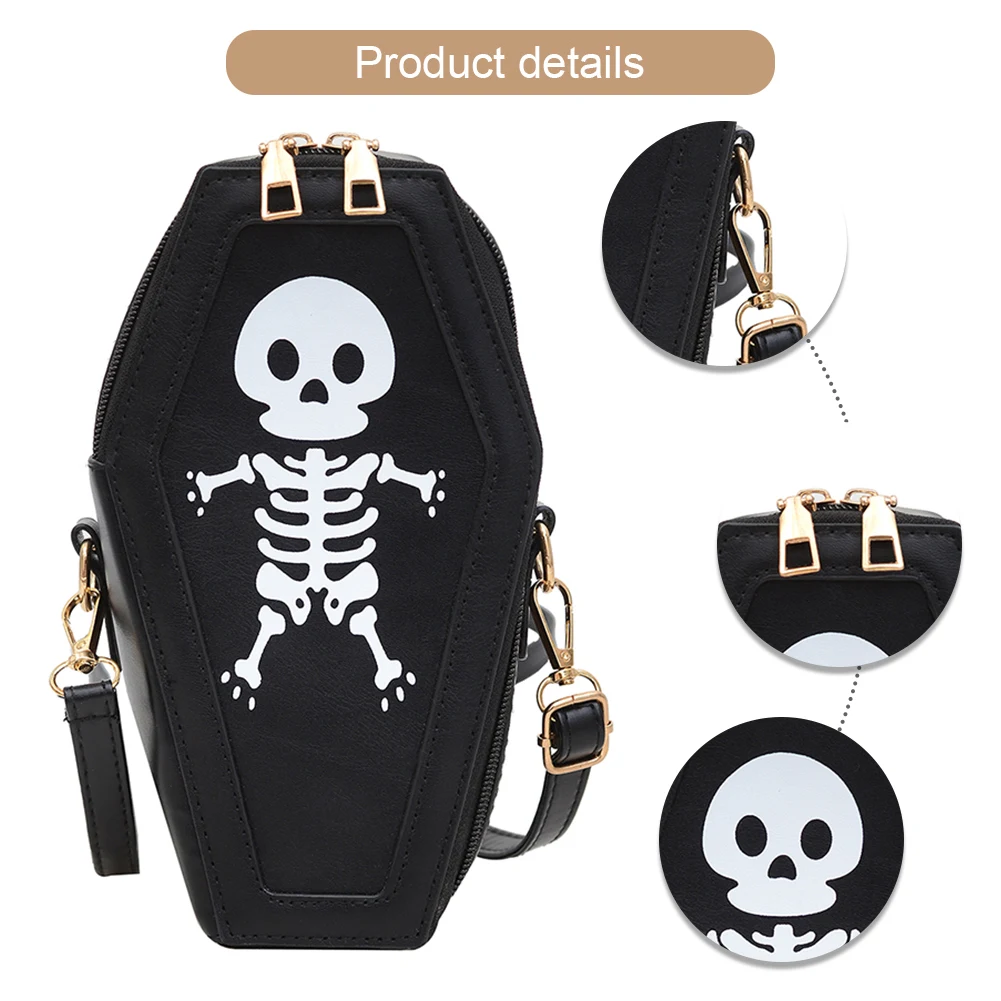 Gothic Shoulder Bag PU Leather Coffin Shape Halloween Bag Women Skull Print Hobo Bag for Carnival Cosplay
